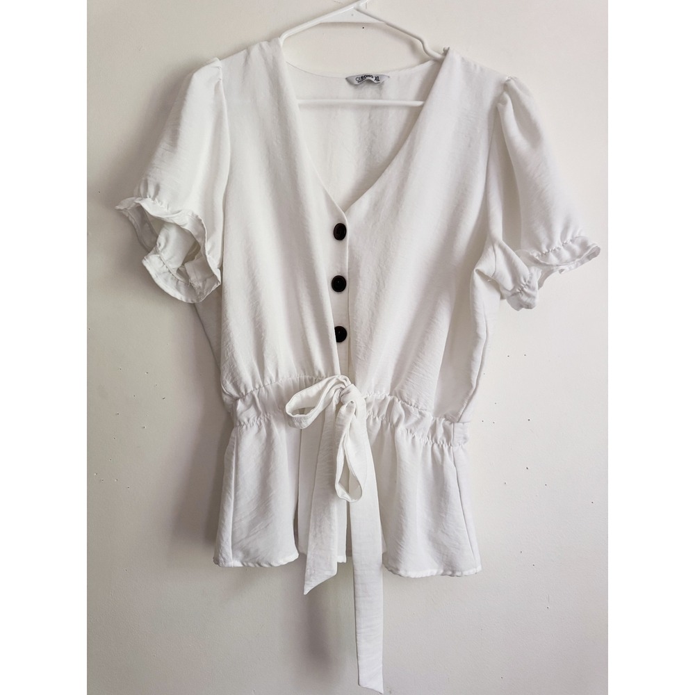 Cottagecore White Peplum Blouse Short Ruffle Sleeve V-Neck Tie Waist WTP594 XL